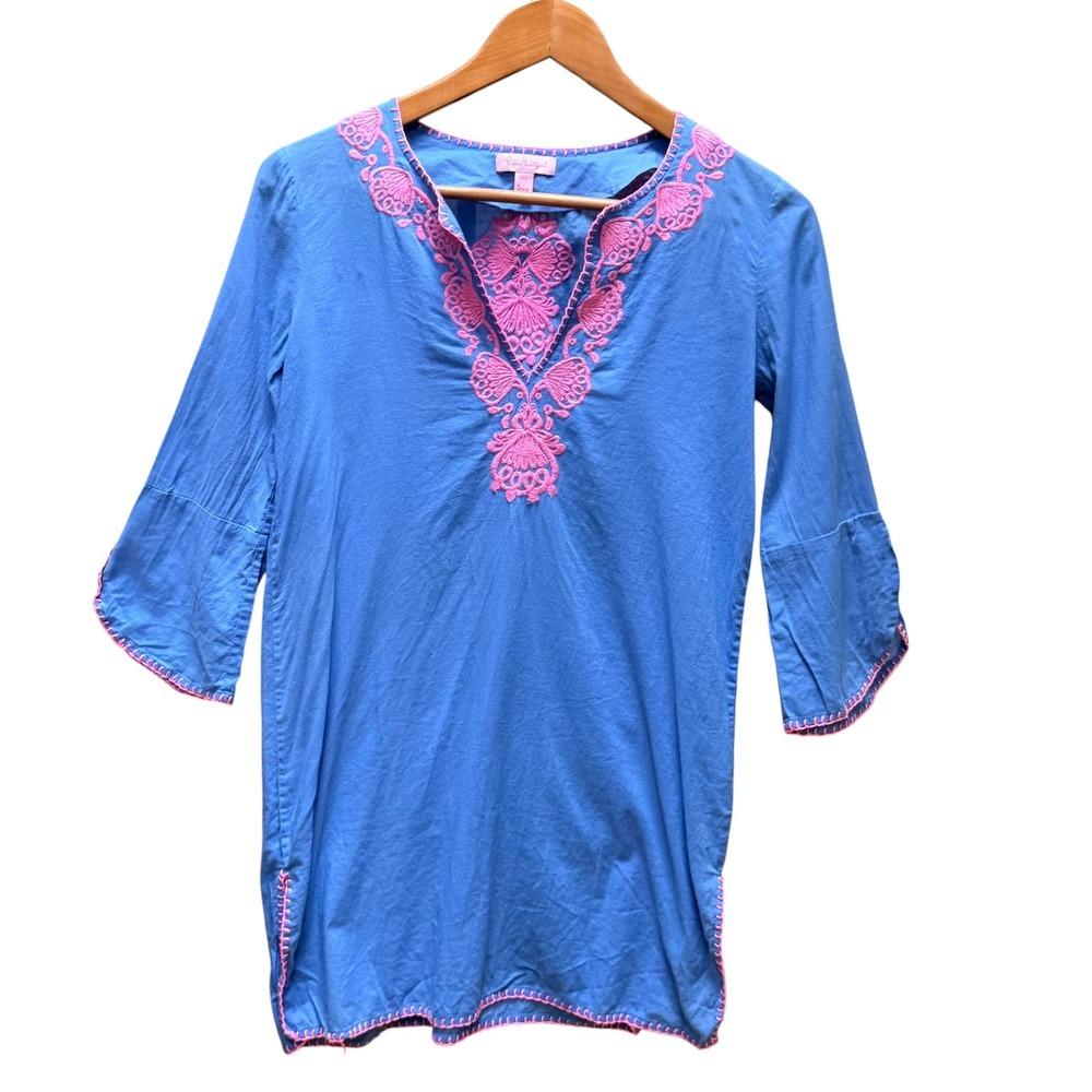 Lilly Pulitzer Tunic XXS Blue Pink Embroidered Bell Sleeve‎ Cotton Top Cover Up
